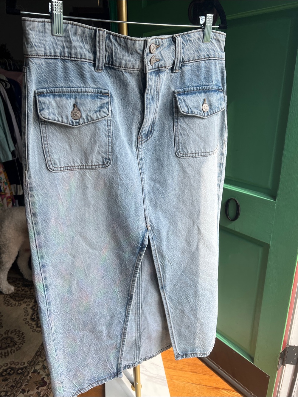 Free Prople Light Wash Denim Midi Skirt with Front Slit size 29